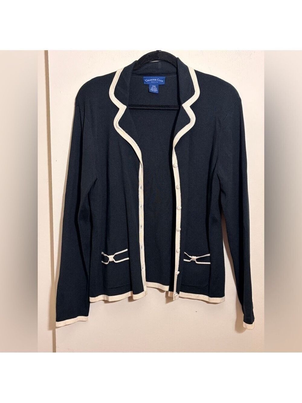 Charter Club Womens Black Knit Cardigan with Cream Trim Size Petite Medium